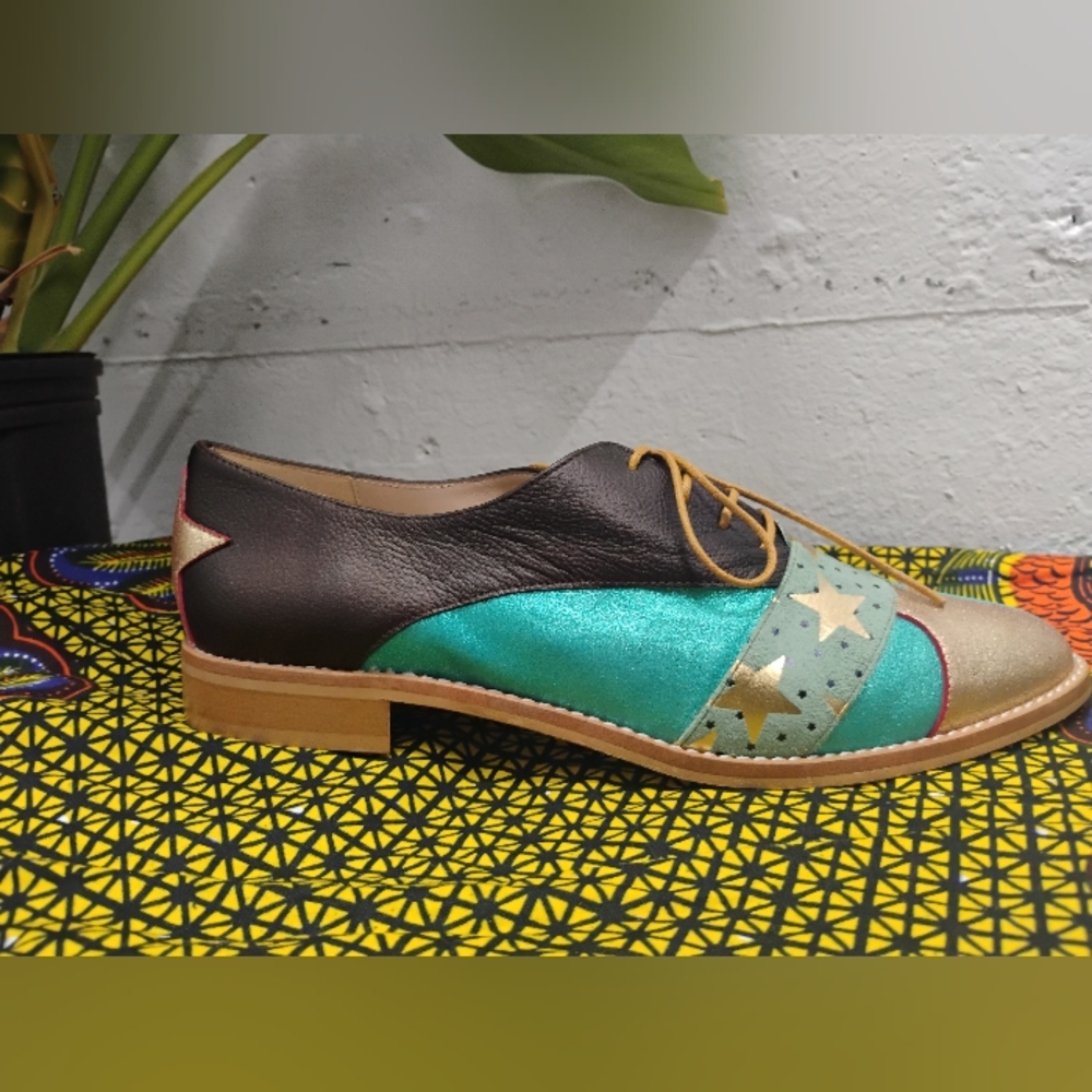 New Women's Teal Brown Gold Leather Oxford  Flats Vintage Style Size 5 -9.5